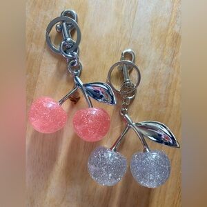 Sparkling Pink and White/Silver Cherry Keychains/Bag Charms w/ Chrome Hardware
